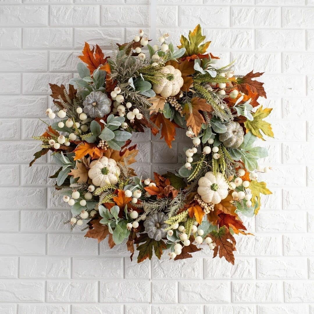 Artificial Fall Wreaths for Front Door Rustic Autumn Wreath with Pumpkin,Rose,Berry Branchesm,Mixed Leaves Thanksgiving Wreath Fall Door Wreath for Halloween Thanksgiving Indoor Outdoor Decor (B17.7)