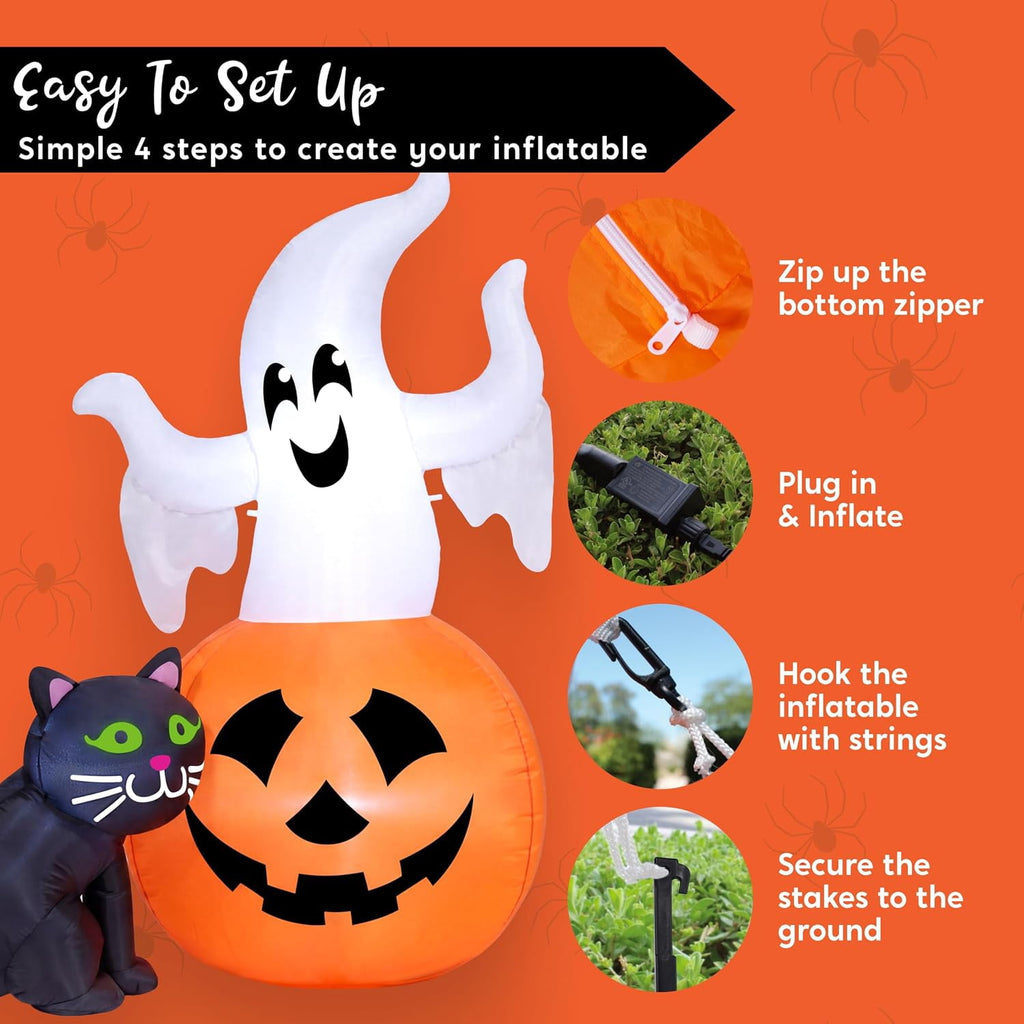 Joyfy 5ft Halloween Inflatables Light up Cute Ghost,Blow Up Ghost Lift Pumpkin Candy Bag with Build-in LEDs for Yard Decorations