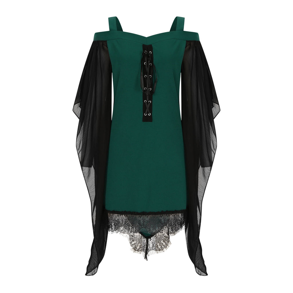 Gothic Lace Up Dress for Women Off-Shoulder Vintage Dresses Bell Sleeve Steampunk Medieval Costume Cosplay Halloween Dresses