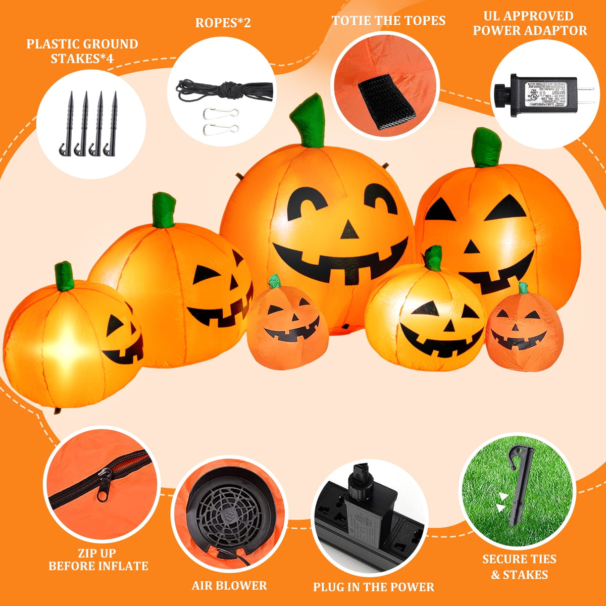 8 FT Long Halloween Inflatables Pumpkin Decorations with Build-in LED Lights, Halloween Pumpkin Stack Blow Up for Indoor Outdoor Lawn Garden Home Yard Party