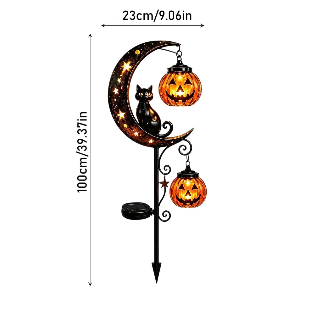 Solar Halloween Black Cat & Pumpkin Moon Garden Stake Light, Solar Black Cat Stake Light Spooky Garden Decor with LED Glow, Waterproof, Halloween Decor for Patio, Lawn, Pathway
