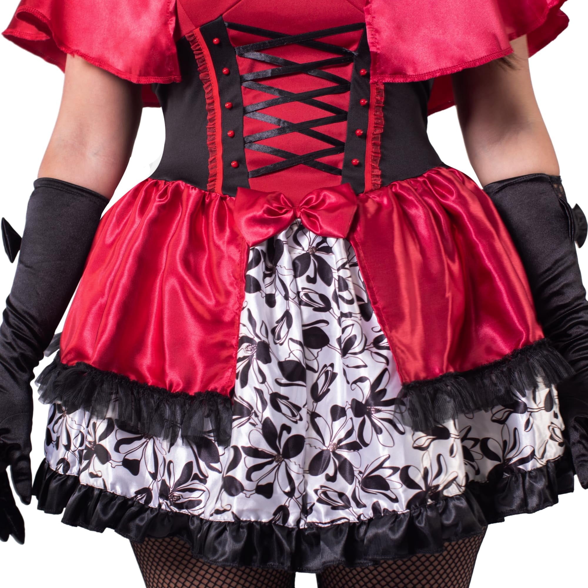 Joyfy Women Little Red Riding Hooded Costume with Dress, Cape and Gloves Outfits Set, Adult Women Halloween Costume for Halloween Themed Party Cosplay