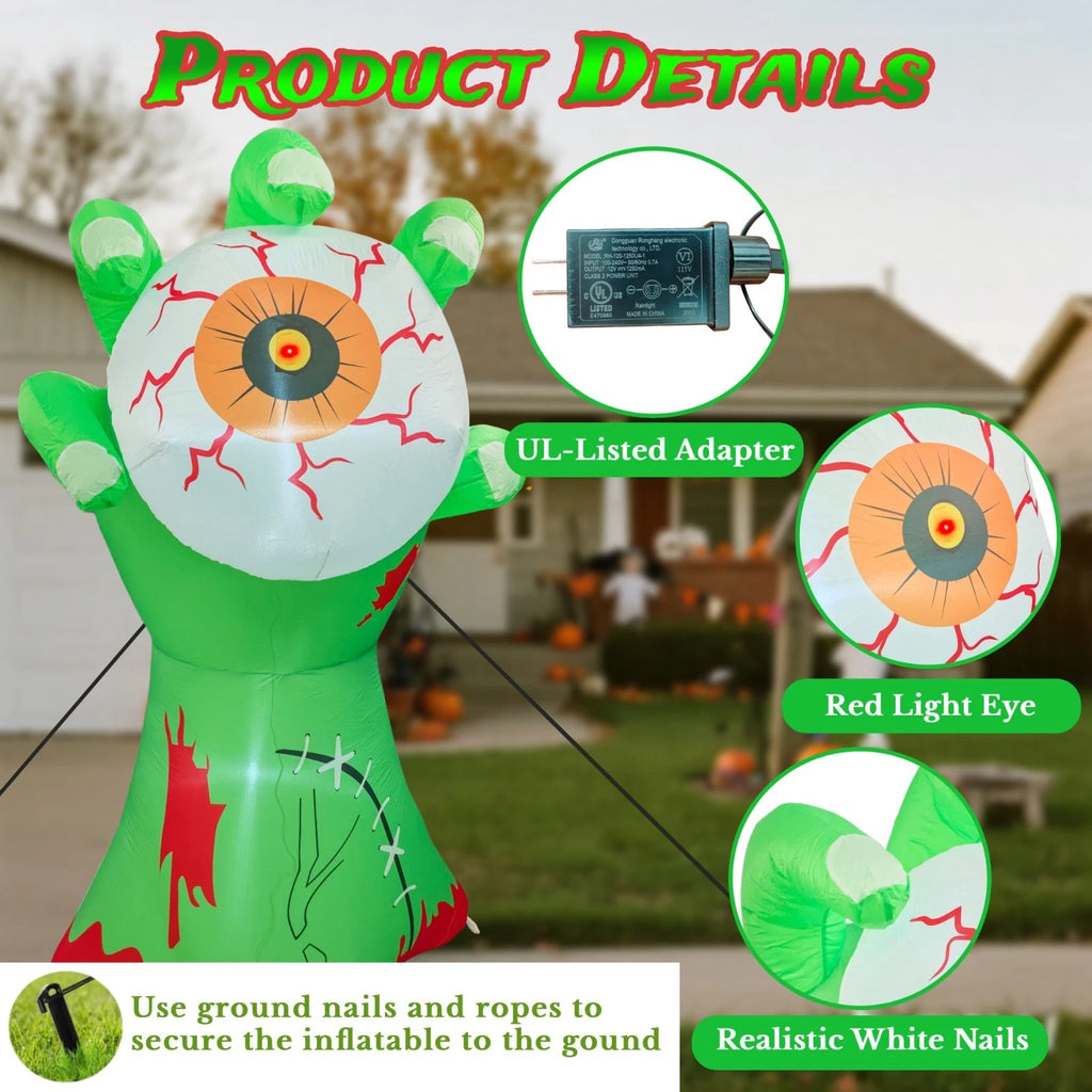7 FT Halloween Inflatables Green Hand Holding an Eyeball Outdoor Decorations Blow Up Yard Built-in LEDs for Indoor Party Garden Lawn Decor