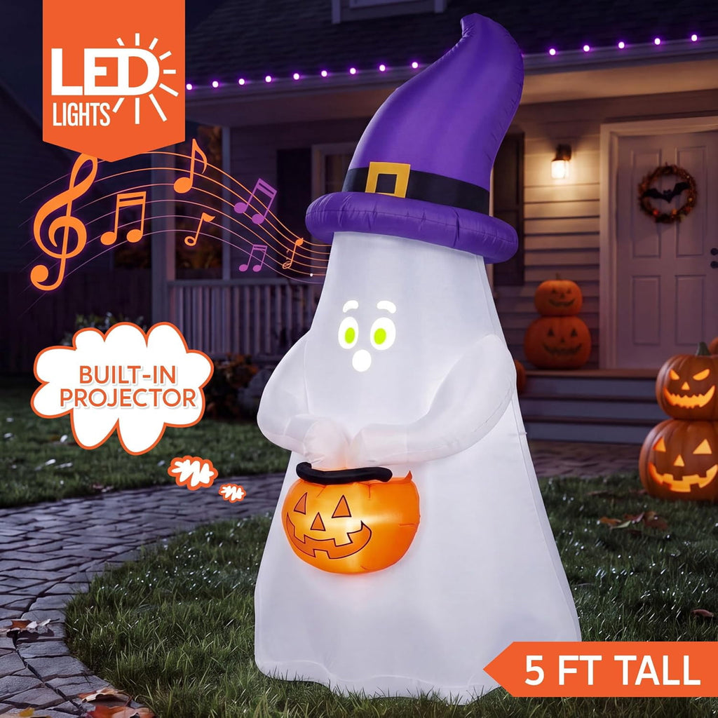 Joyfy 6 ft Halloween Inflatable Witch & Cauldron,Blow Up Decor with Rotating Green Ghost Projection Built-in LEDs,Outdoor Decoration for Party,Yard,Garden