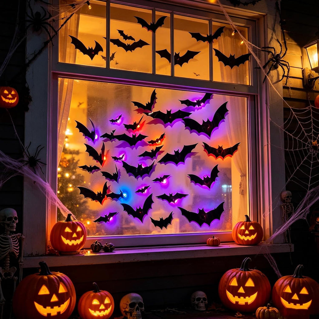 CQHVKQ 60 PCS Halloween Bats Decorations, Realistic 3D LED Bats Wall Stickers Decor, Assorted Size Removable Lighted PVC Bats DIY Wall Sticker for Halloween Party, Bedroom, Home, Indoor and Outdoor
