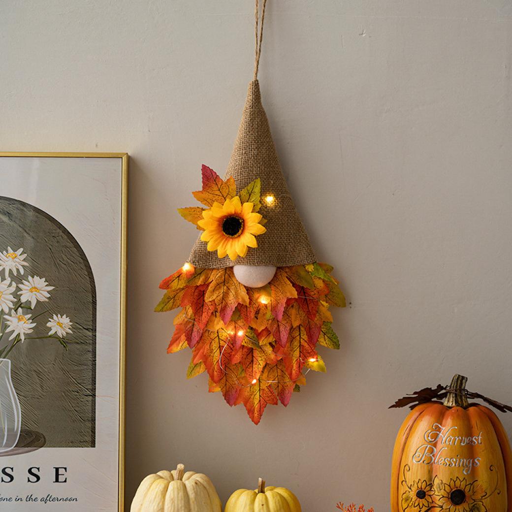 Fall Maple Leaf Gnome Wreaths for Front Door with Lights, 14.6'' Autumn Door Wreath Gnome, Maple Leaf Fall Decorations Wreath, Fall Wreath for Halloween Decorations, Thanksgiving, Harvest Festival