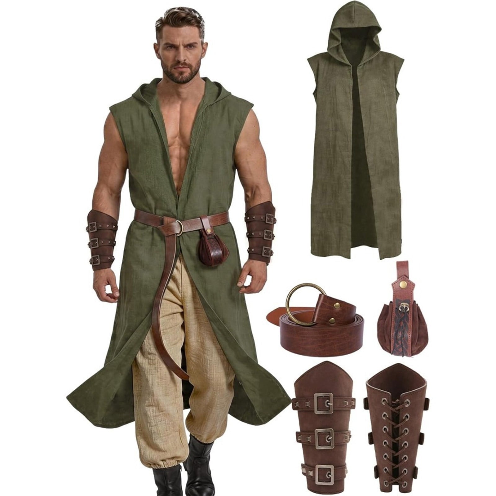 Men's Medieval Vintage Viking 5-Piece Cosplay Costume Set Sleeveless Hooded Cape Belt and Bracers for Halloween