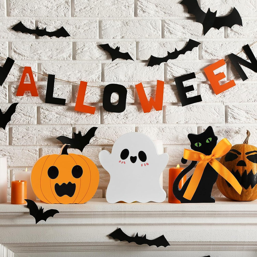 Halloween Decorations Indoor Halloween Tiered Tray Decorations Cute Ghost Wooden Decor Halloween Tabletop Decorations Pumpkin Blocks Signs for Home Decoration Set of 3