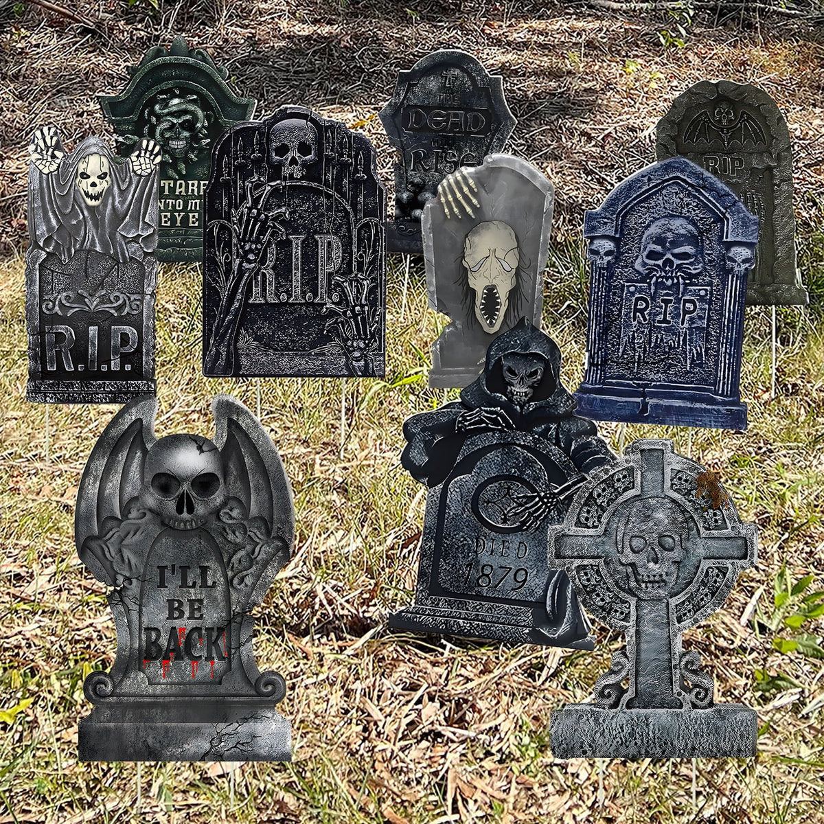 Gamexcel Halloween Gravestone Yard Signs, 10 Pack Tombstone Decorations with Stakes for Lawn, Garden and Haunted House