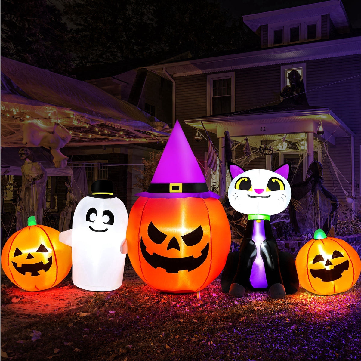 Yexmas 8ft Halloween Inflatable Pumpkins Outdoor Decor with Black Cat and Spectre,Built-in LED Lights,for Halloween Party,Yard,Garden,Lawn