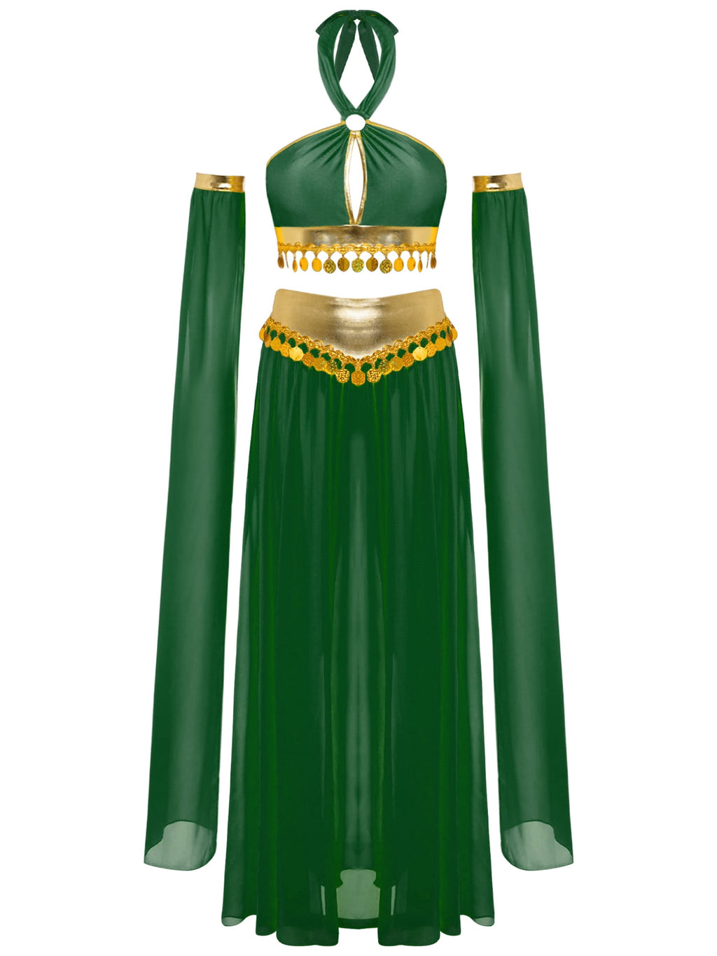 iiniim Women Belly Dance Dress Arabian Greek Princess Halloween Costume Chiffon Skirts 4piece Outfit Green L