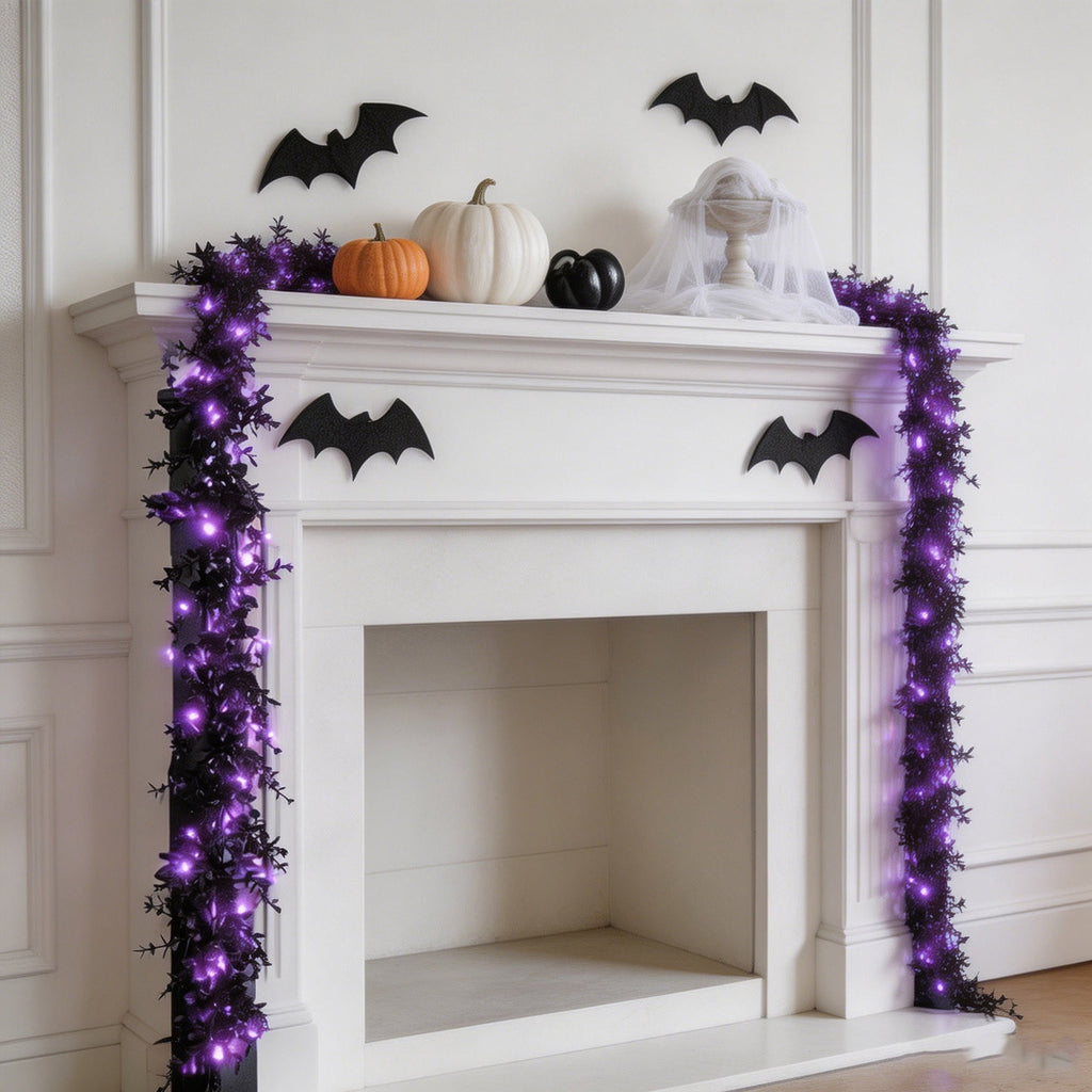 Halloween Garlands with Lights, 5.8 Ft Black Eucalyptus Garlands, Artificial Hanging Plants Vines, Faux Ferns Plant Fake Leaves Ivy Flowers Garlands for Garden Home Party Halloween Decorations Indoor