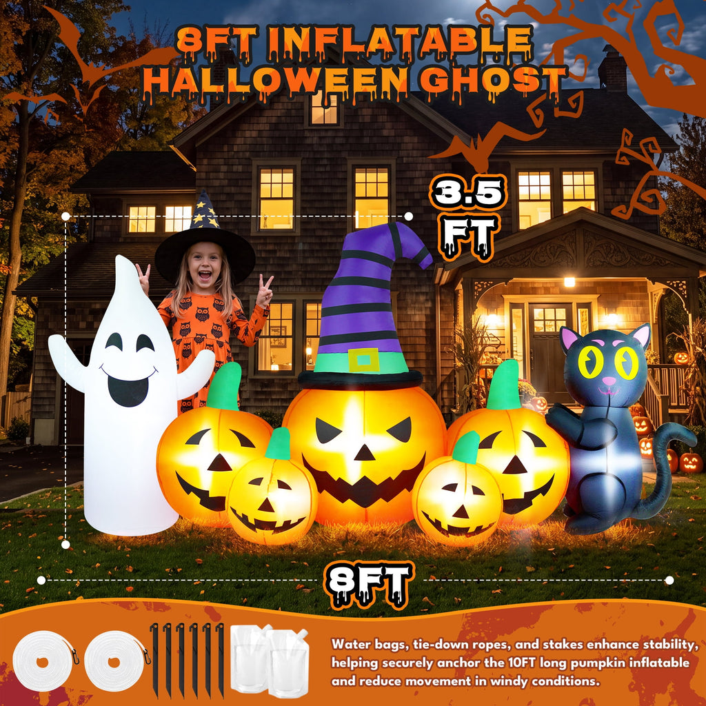 Yexmas 8 FT Long Halloween Inflatable Ghost with Witch Hat, 6 Pumpkins Halloween Blow Ups with Black Cat for Halloween Party Outdoor Yard Garden Lawn Decor
