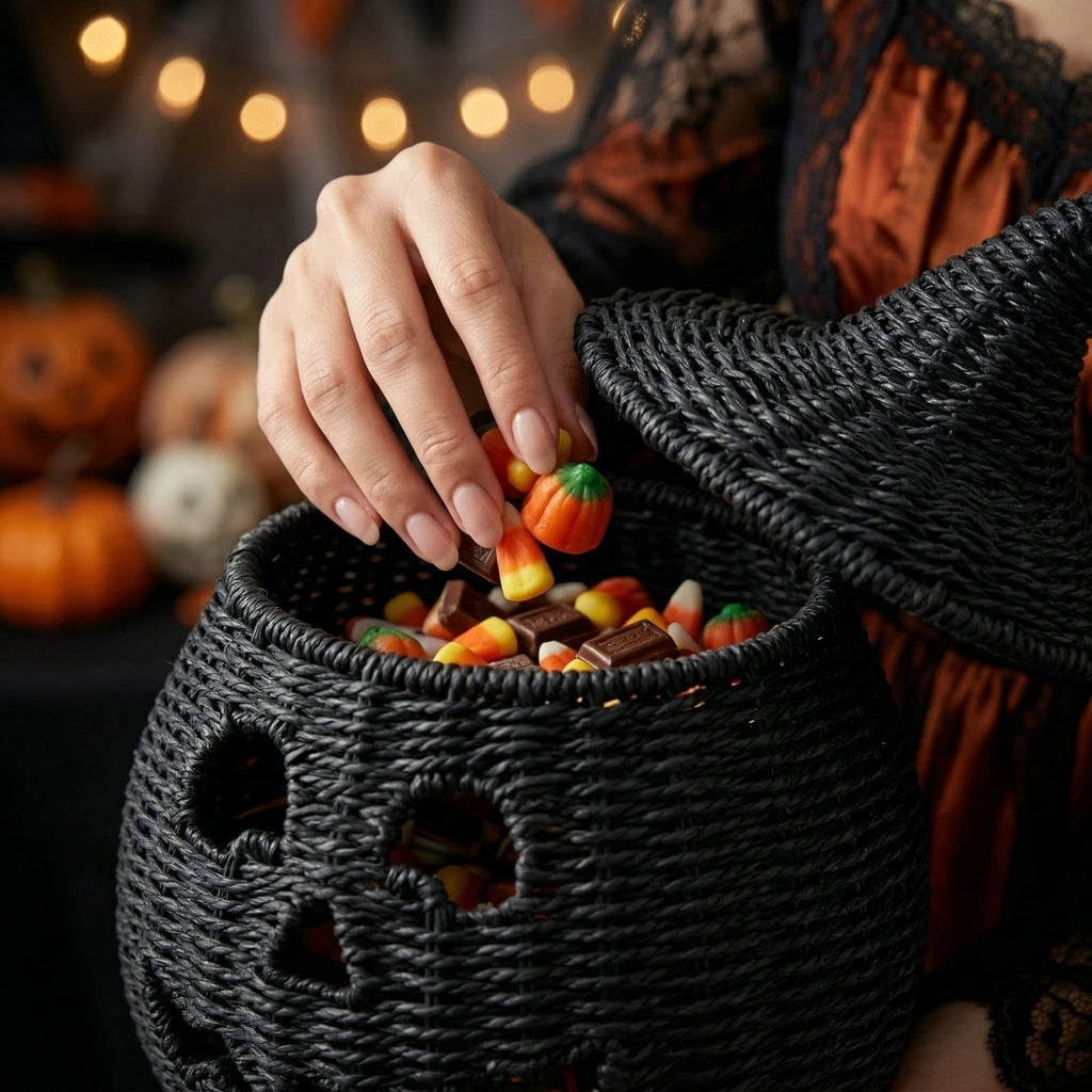 2026 Halloween Black Woven Seagrass Pumpkin Storage Basket with Lid, Fall Indoor Home Decorations for Halloween Party Home Halloween Decor, 10.2 inch