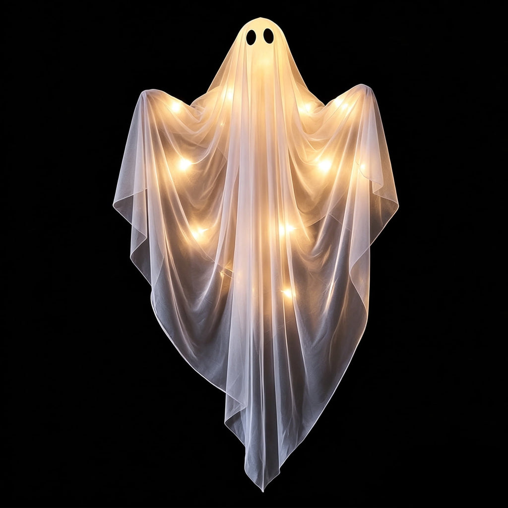 Ayieyill Halloween Ghost Decor with Warm White LED Light, 47” Light up Hanging Ghost Halloween Yard Porch Decorations Outdoor
