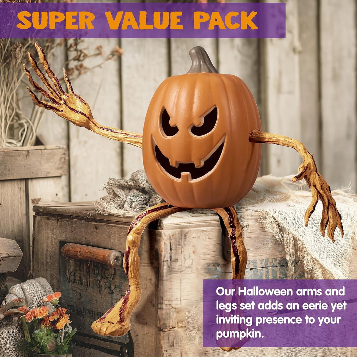 Joyfy Halloween Decorations Outdoor Bendable Pumpkin Arms and Legs Set,Spooky Vine Design Pumpkin Decor,Includes 2 Arms and 2 Legs