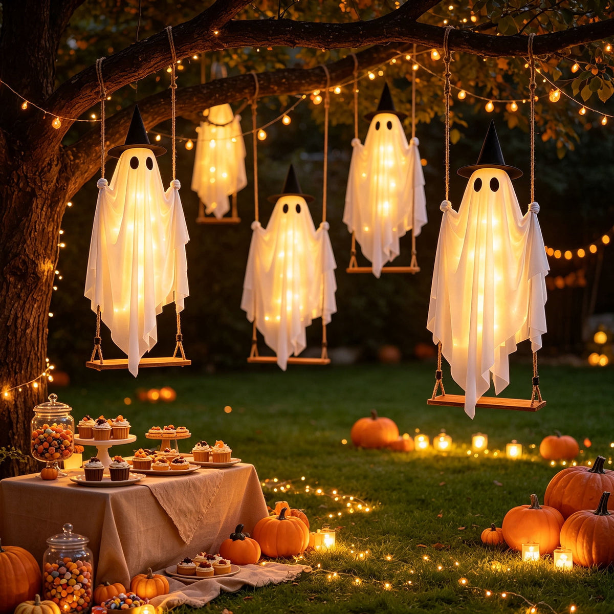 Cloth Hanging Swing Ghost Halloween Outdoor Decor,Remote Controlled LED Lighted Floating Ghost Ornament With 8 Lighting Modes For Porch Tree Yard Seasonal Holiday Display,Total Length 120.4 in.A