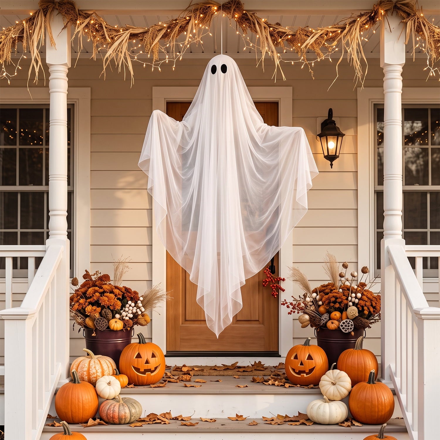 Ayieyill Halloween Ghost Decor with Warm White LED Light, 47” Light up Hanging Ghost Halloween Yard Porch Decorations Outdoor