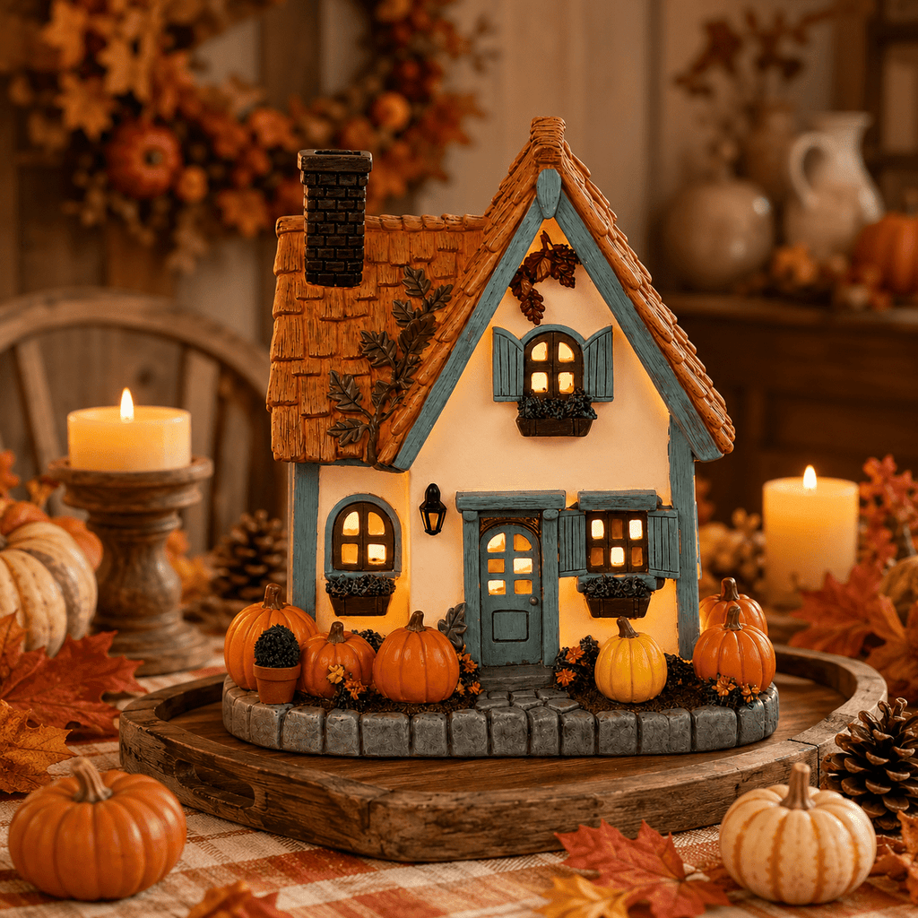 Fall Harvest Light Up Cottage House, LED Resin Pumpkin Autumn Halloween Thanksgiving Tabletop Decor with Warm Glow for Mantel Shelf Home Office Seasonal Decoration, 6" (1 PC)