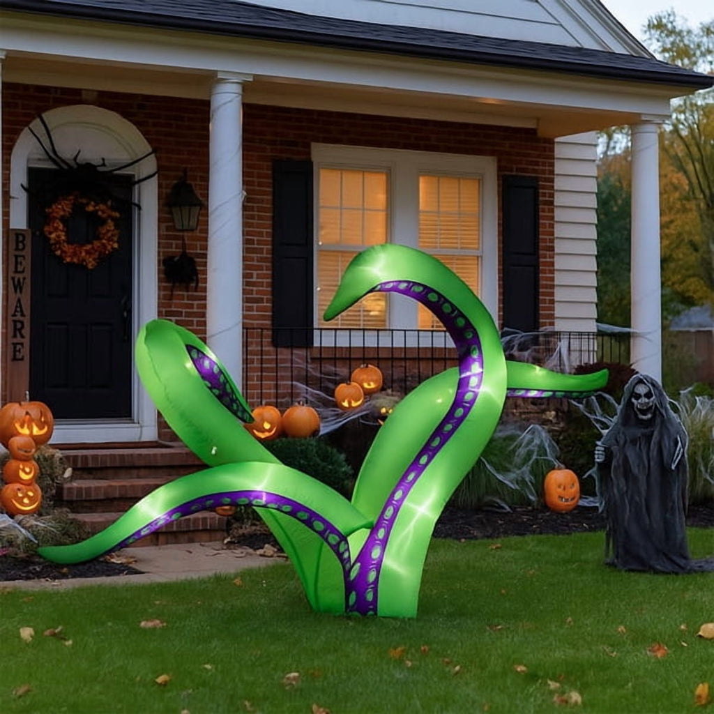 2-Pack 6.9FT Halloween Inflatable Octopus Tentacles, 12 White LED Lights, Quick Inflation with Ropes/Suction Cups for Windows/Rooftops/Yard