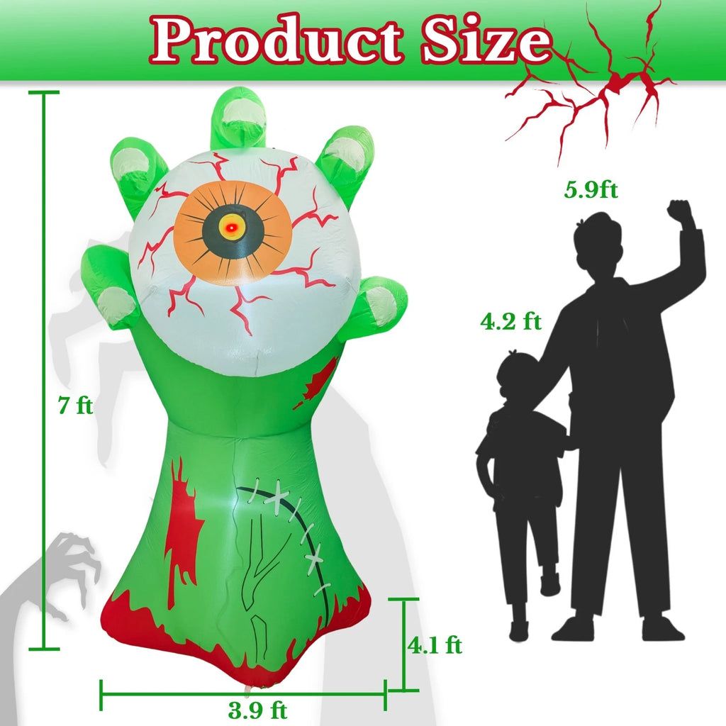 7 FT Halloween Inflatables Green Hand Holding an Eyeball Outdoor Decorations Blow Up Yard Built-in LEDs for Indoor Party Garden Lawn Decor