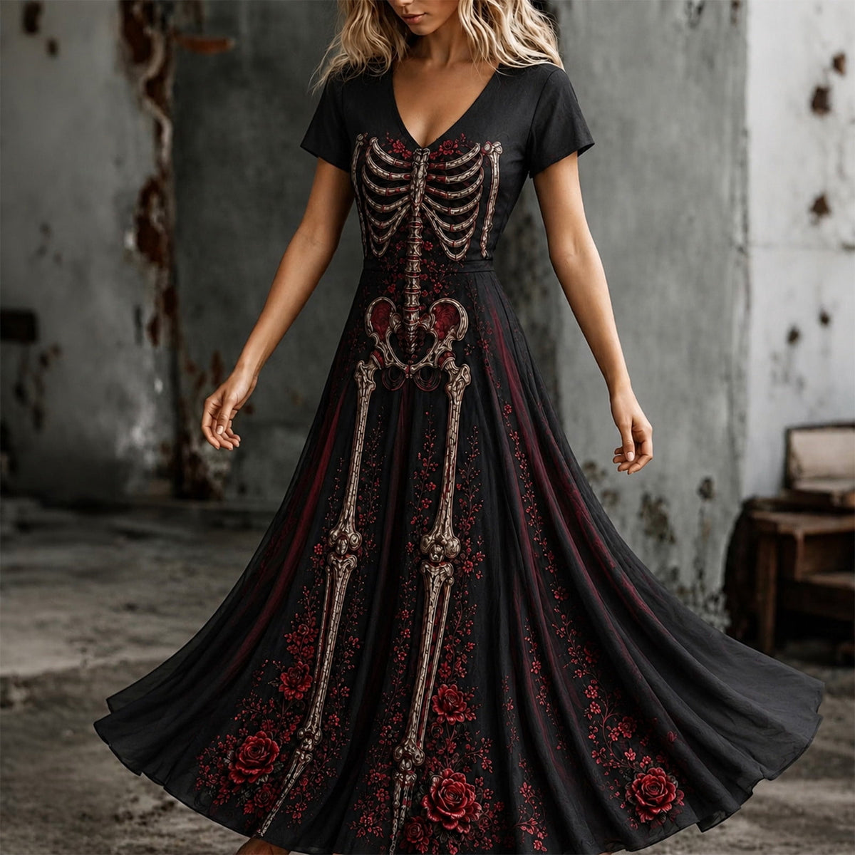 KICILVS Gothic Clothes For Women Black Spiderweb And Spider Print Flowing V Neck Long Maxi Dress Halloween Cosplay Gothic Party Dress