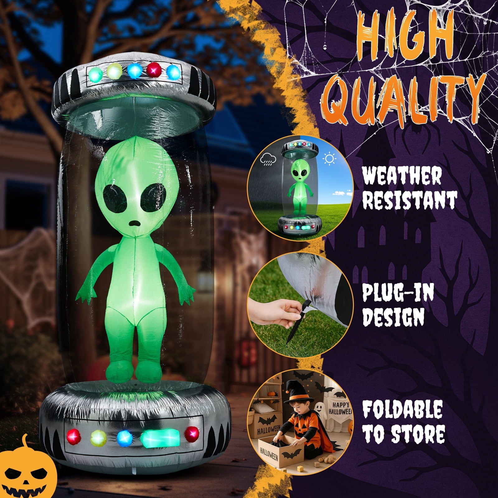 UBesGoo 8' Halloween Inflatables UFO Alien Decoration Outdoor Light-up Holiday Decoration Halloween Decoration