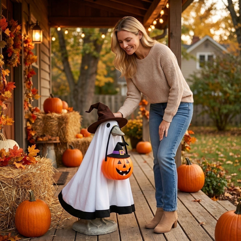 Outdoor Holiday Yard Decor, 23 Inch Porch Goose Outfits, Halloween Pumpkin Themed Porch Goose Clothes, Porch Goose Set with Hat and Treat Bag, Fits Standard 23 Inch Large Porch