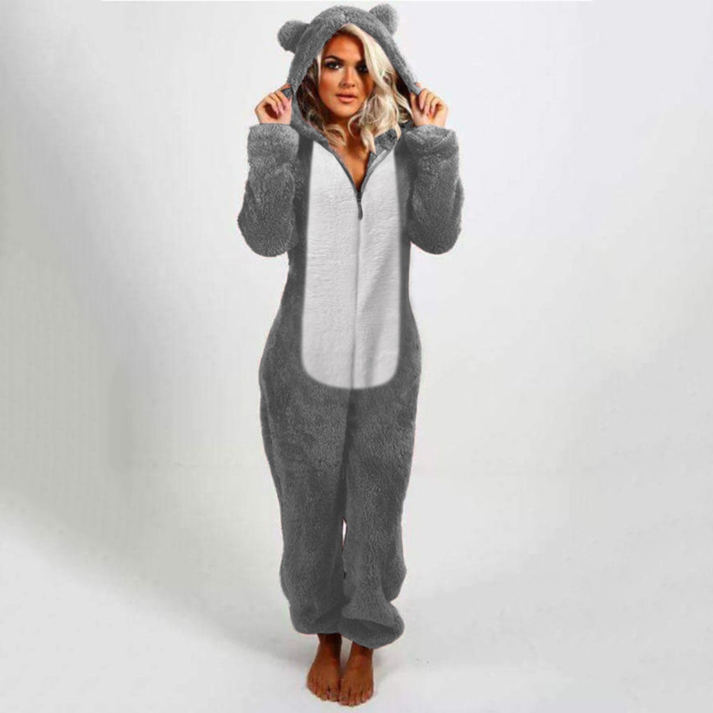 QATAINLAV Sherpa Fleece Jumpsuit for Women Winter Warm Fuzzy Onesie Pajamas Cute Cat Hooded Romper Casual Zip Up Overalls Sleepwear Black XL