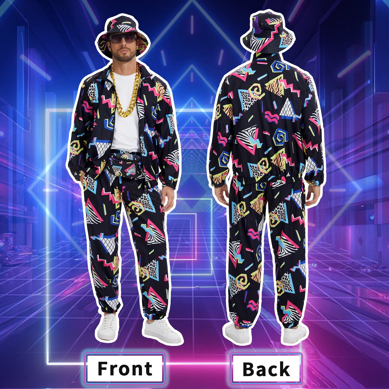 GYQMBT 80s 90s Men's Sportswear, Party Hip Hop Windbreaker 90s Disco Sportswear, 80s Adult Bizarre Costume 8 Piece Set, Black, M