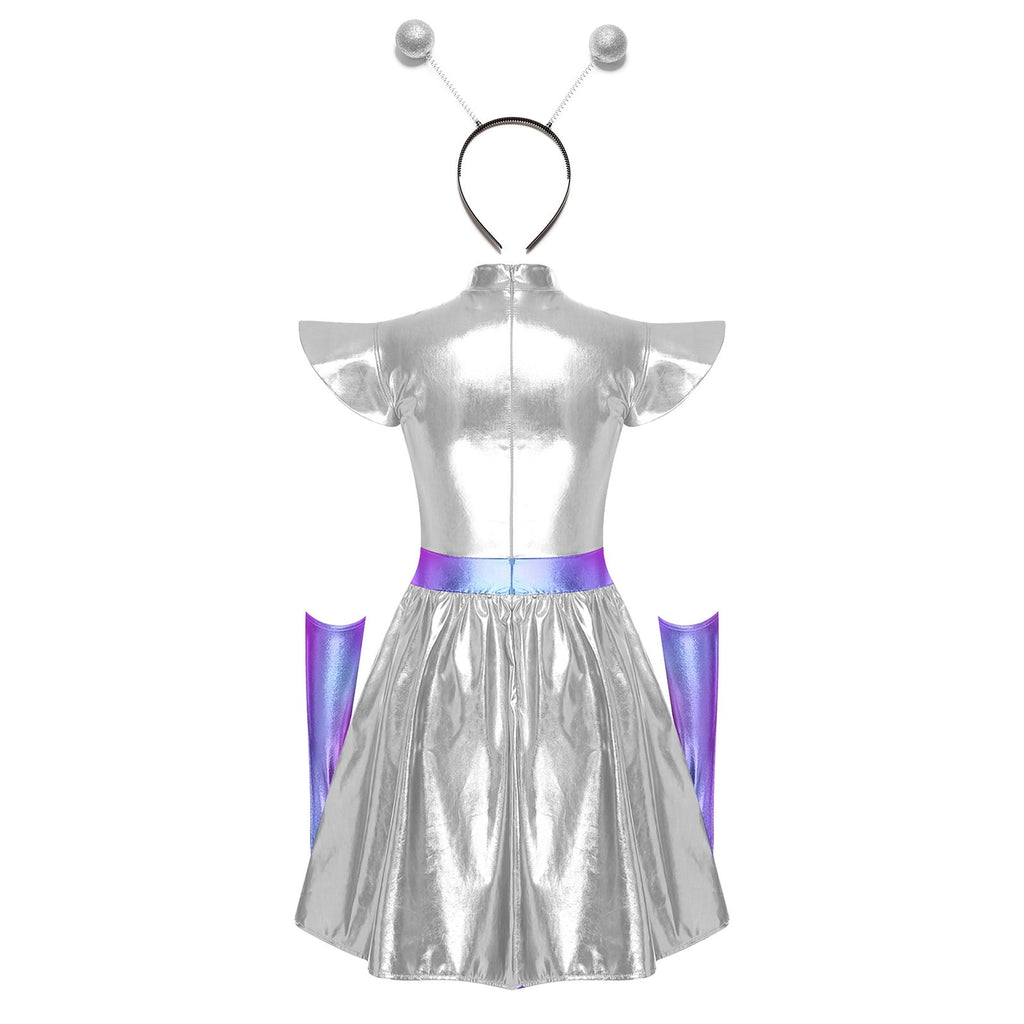 Aislor Womens Outer Space Alien Dress with Gloves Headband Halloween Space Cadet Rave Outfit Blue 3XL