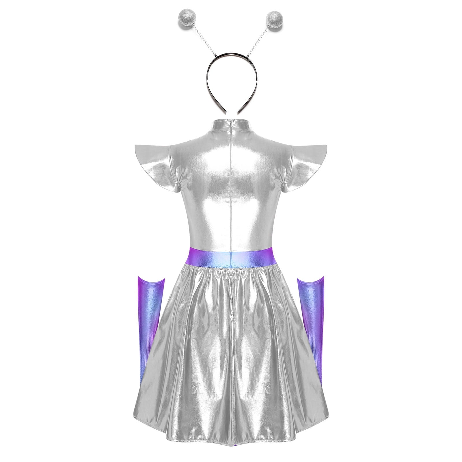 Aislor Womens Outer Space Alien Dress with Gloves Headband Halloween Space Cadet Rave Outfit Blue 3XL