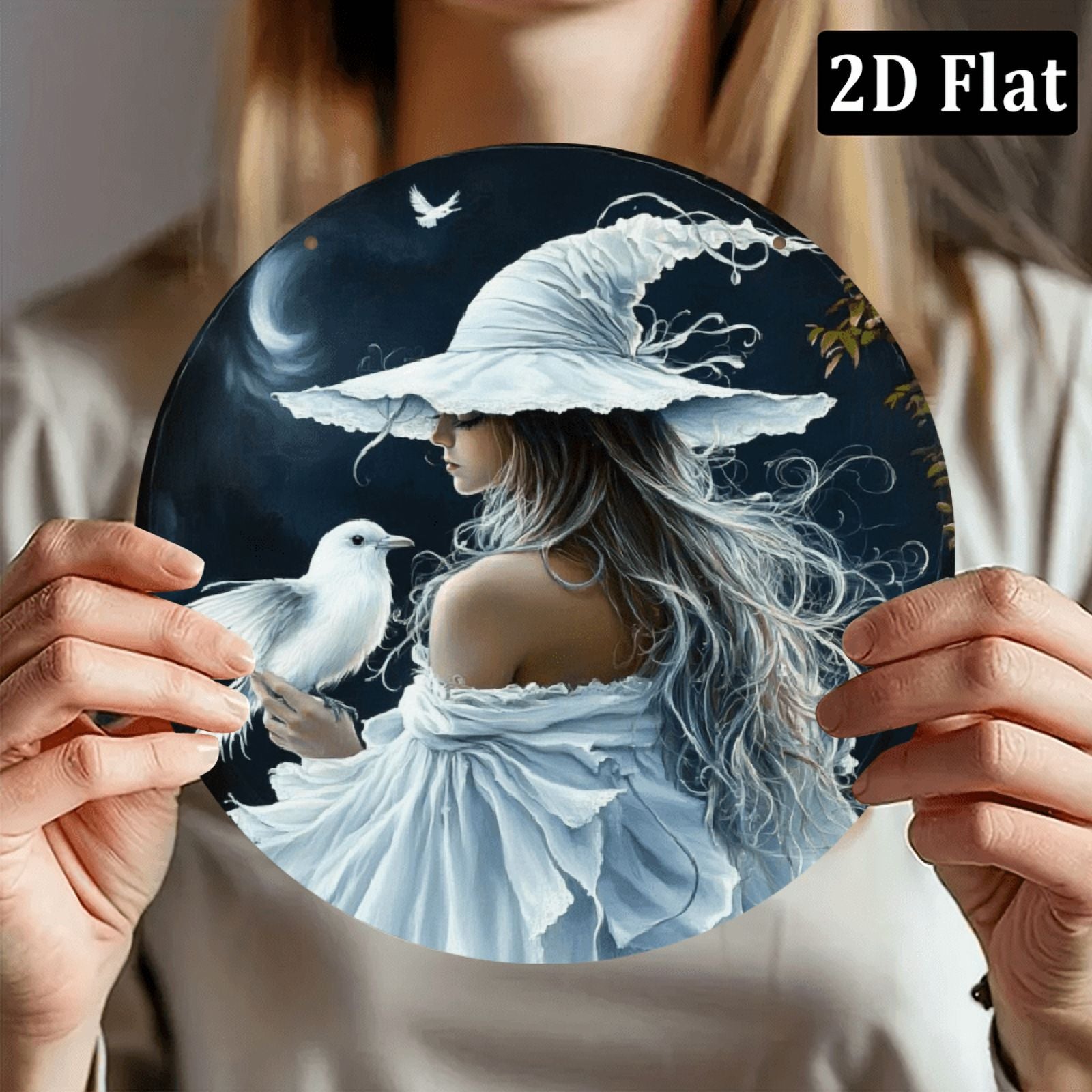 2D Enchanting White Witch &amp; Cat Round Sign - 8*8 Inch _ Durable, Fade-Resistant Wall Art for Home, Office, Cafe _ Mystical Forest &amp; Starry Sky Design _ Ideal Halloween &amp; Thanksgiving Gift