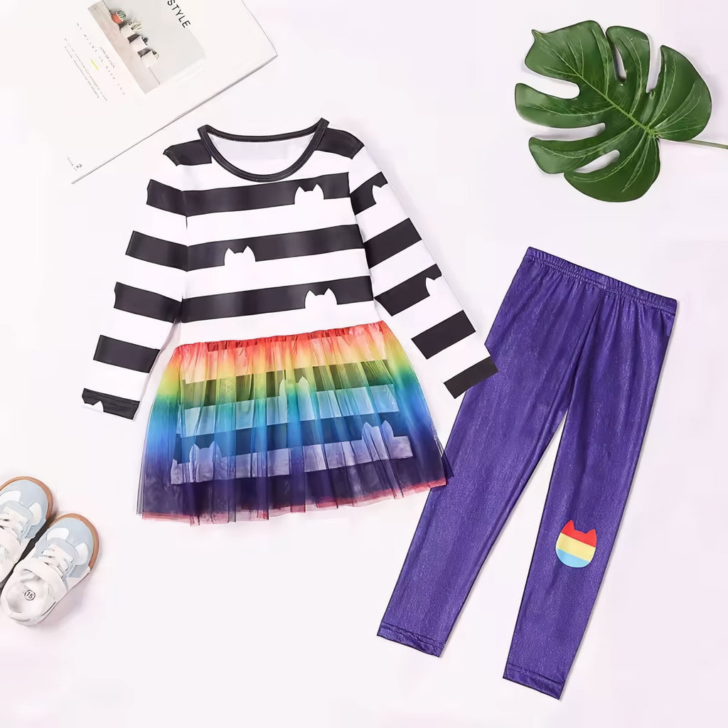 2PC Rainbow Dress Pant Set w/Headband for Girls Halloween Cat Birthday Tutu Outfit
