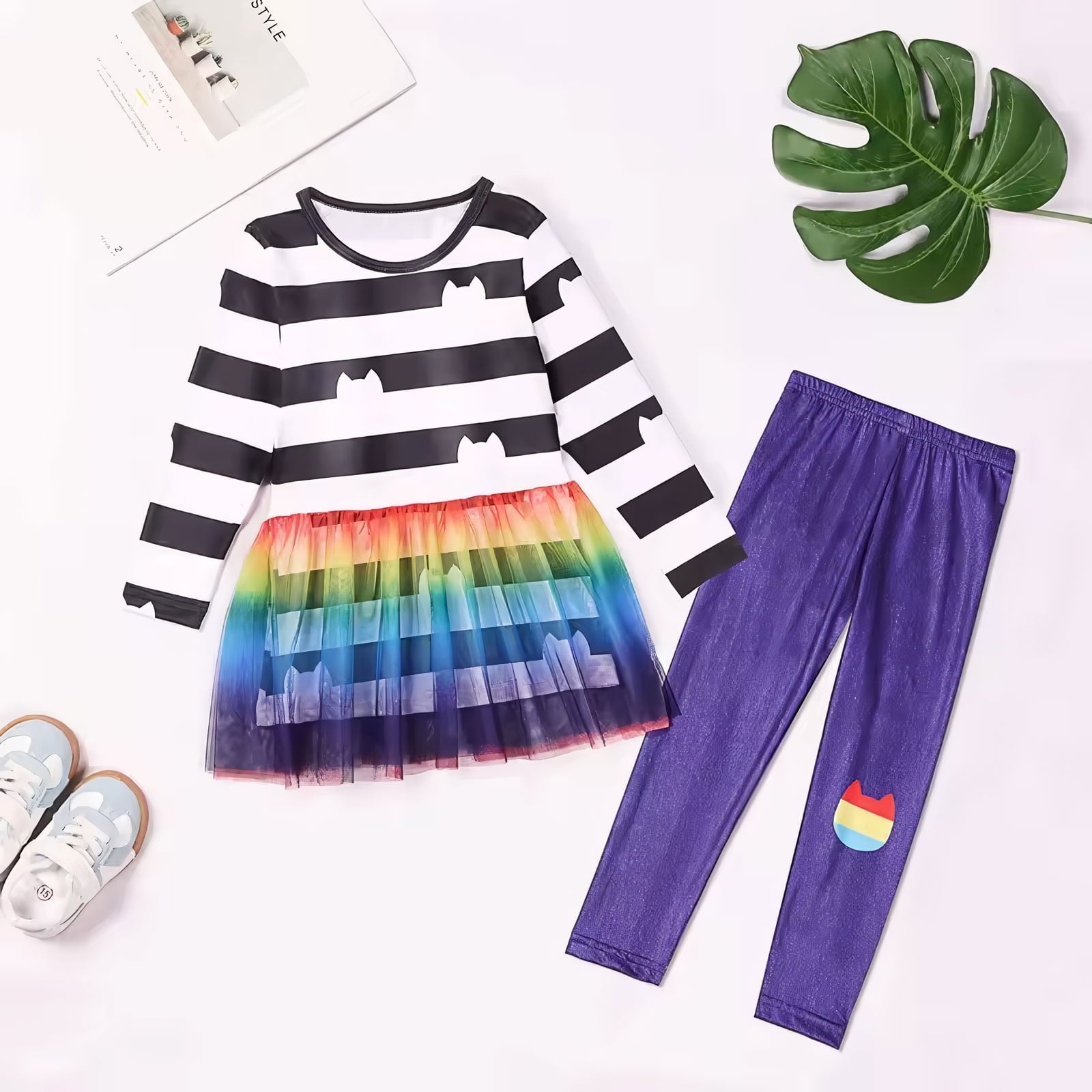 2PC Rainbow Dress Pant Set w/Headband for Girls Halloween Cat Birthday Tutu Outfit