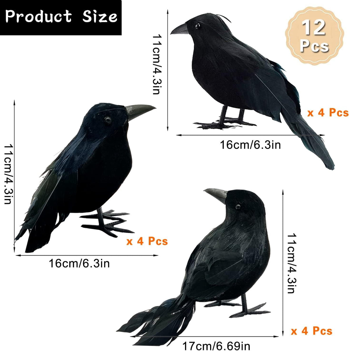 Yanxiao 6PCS Halloween Black Crows Decorations, Realistic Foam Halloween Handmade Black Feathered Crows with Fixable Legs, Halloween Gothic Ornaments for Table Centerpieces, Party, Indoor & Outdoor