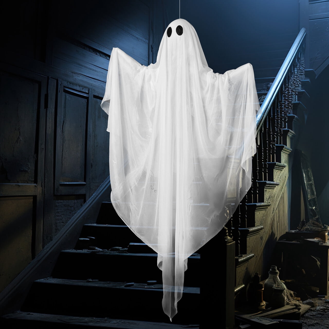 Joyfy 47" Halloween Hanging Light up Ghost Decorations Outdoor,White Ghosts with Blue LED Light and Timer Halloween Hanging Decoration Waterproof for Front Yard Patio Lawn