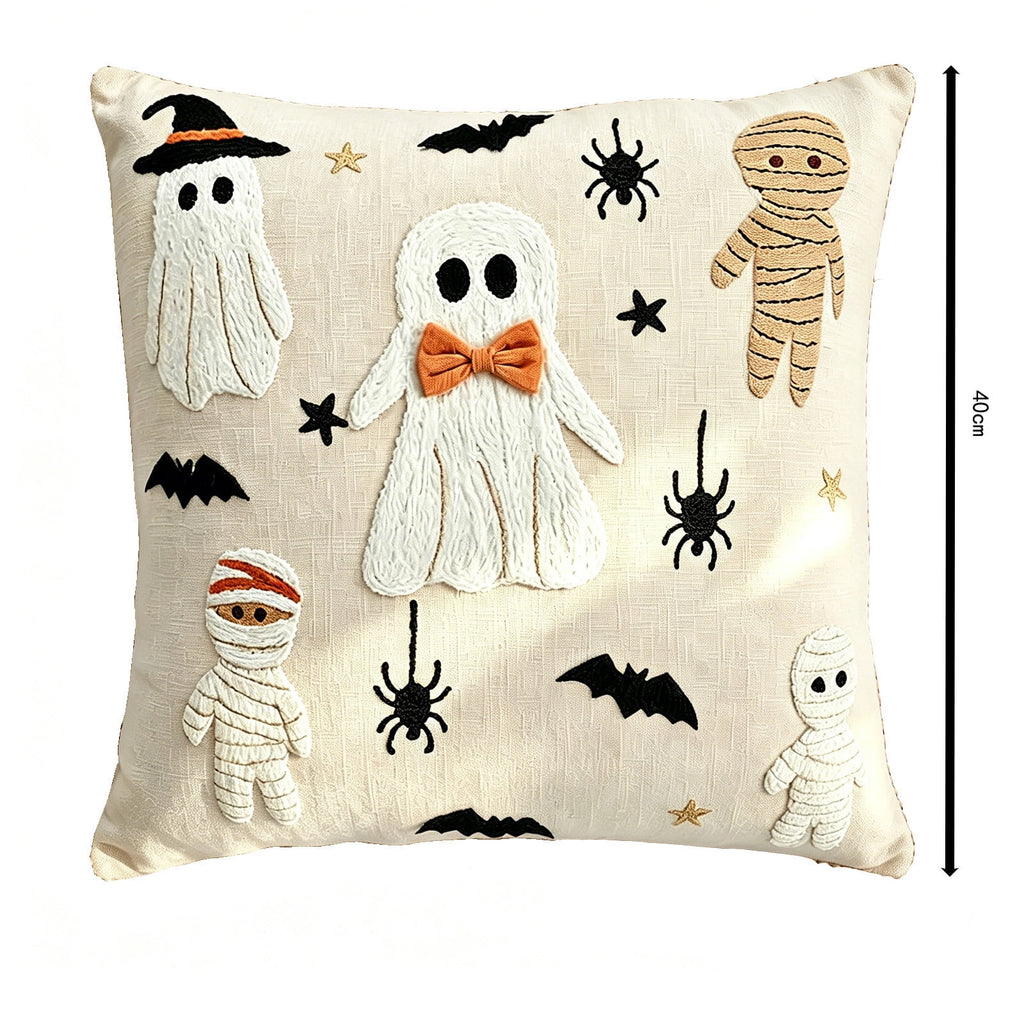 Yeciiwht Halloween Throw Pillow Cover – 18*18inch Embroidered Linen Cushion Case with Ghost, Mummy & Bat Designs, Invisible Zipper, Machine Washable