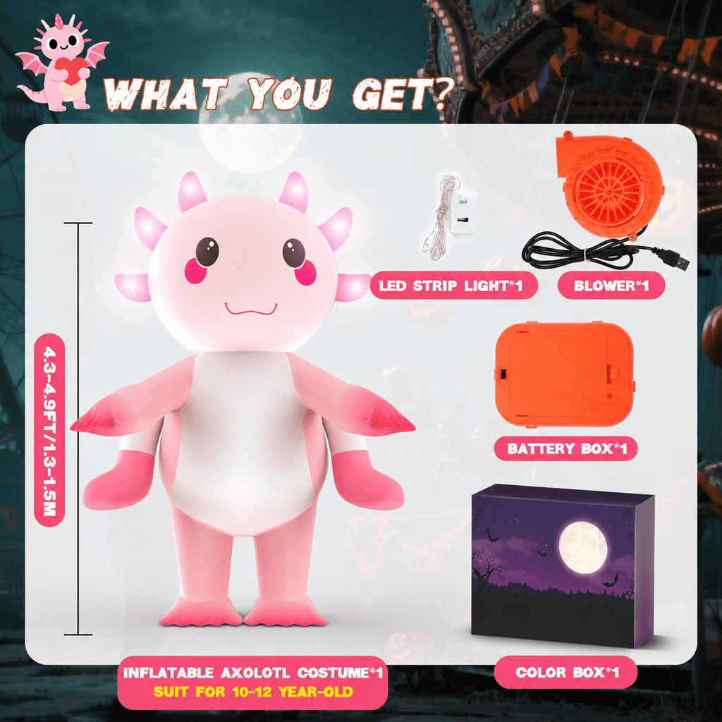WonderStone Axolotls Inflatable Costume with LED Lights, Halloween Ride-on Costume, Blow-Up Dragon Onesie for Cosplay Party, Suitable for Kids Ages 7-12
