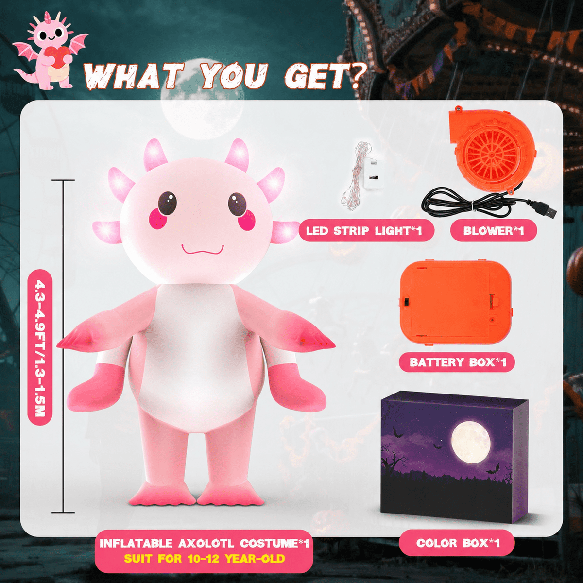 WonderStone Axolotls Inflatable Costume with LED Lights, Halloween Ride-on Costume, Blow-Up Dragon Onesie for Cosplay Party, Suitable for Kids Ages 7-12