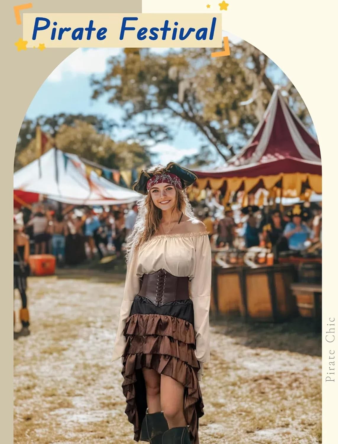 2026 Halloween Pirate Costume Women, Fancy Dress Cosplay Costumes Set with Renaissance Pirate Shirt Skirt Corset Waist Belt