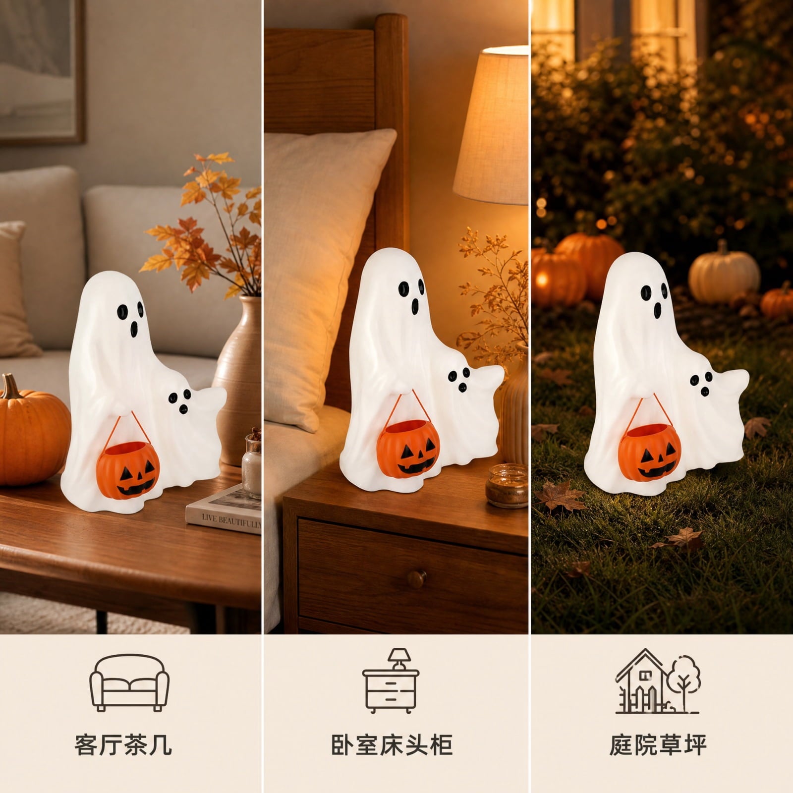 Trick or Treat Ghost Statue, Lighted Halloween Ghost Figurine with Pumpkin Candy Bucket, Blow Mold LED Decoration for Fall Porch Tabletop Home Decor
