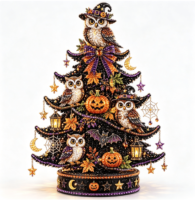 2026 Moonlit Black Cat DIY Halloween Quilted Fabric Tree Kit - Patchwork Fabric Halloween Tabletop Tree, Autumn Mantel Ornament for Adult Rustic Farmhouse Seasonal Display