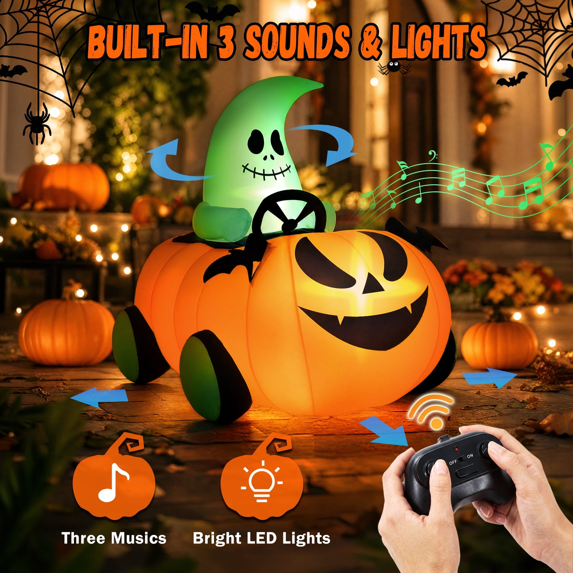 Firstness 2.6ft Remote Control Halloween Inflatable with Music Lights,Pumpkin Spider Car Blow ups Rc Car,Indoor Outdoor Decorations
