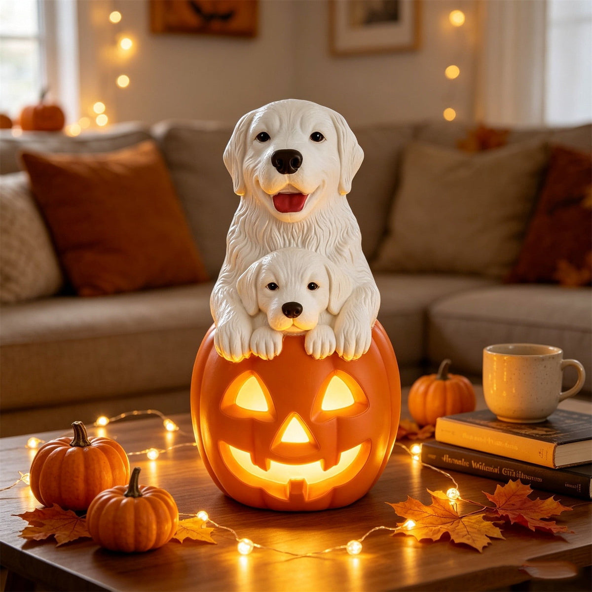 Gray Frenchie in Shark Costume Blow Mold, Halloween French Bulldog Statue with Light Up Pumpkin Decor, Cute Resin Outdoor Indoor Tabletop Dog Ornament, Entryway Patio Yard Decoration, 8"
