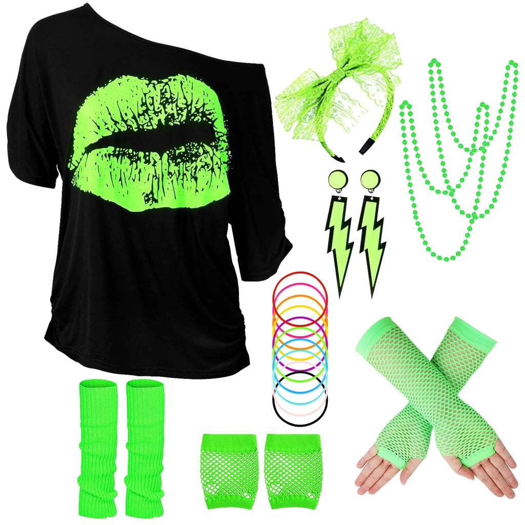 80s Costume for Women,80's Off Shoulder T-Shirt Headband Earring Necklace Fishnet Gloves Legwarmers for Women 80s outfit for 80s Party 22PCS