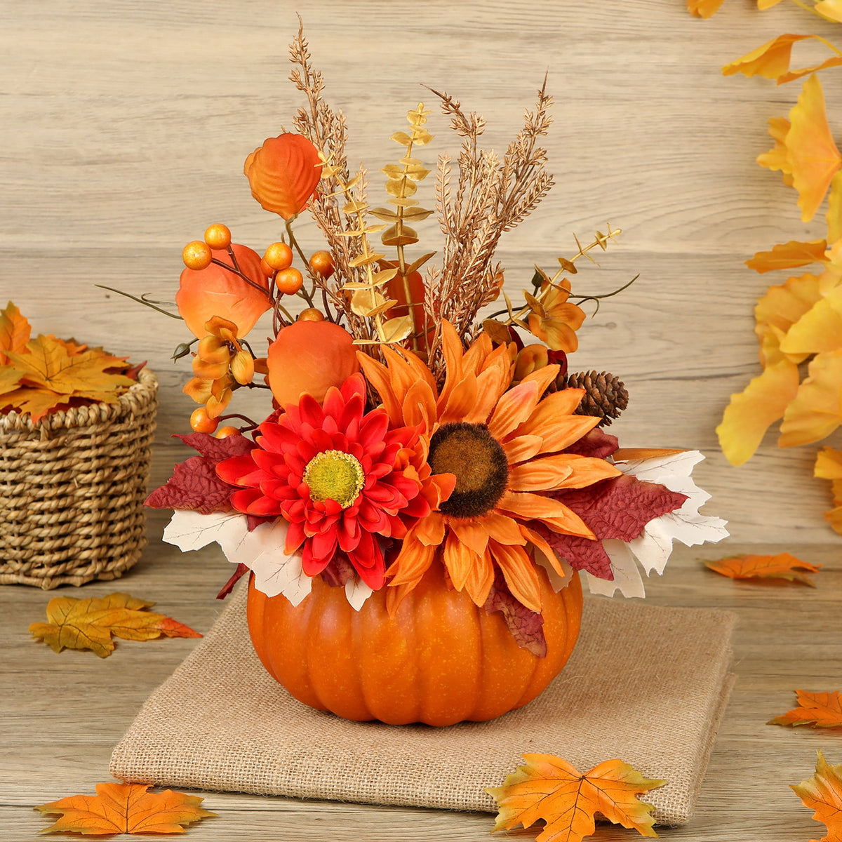 Briful 12.9"Artificial Pumpkin Floral Arrangement with Orange Sunflowers Leaves Fall Table Centerpiece for Harvest Autumn Décor