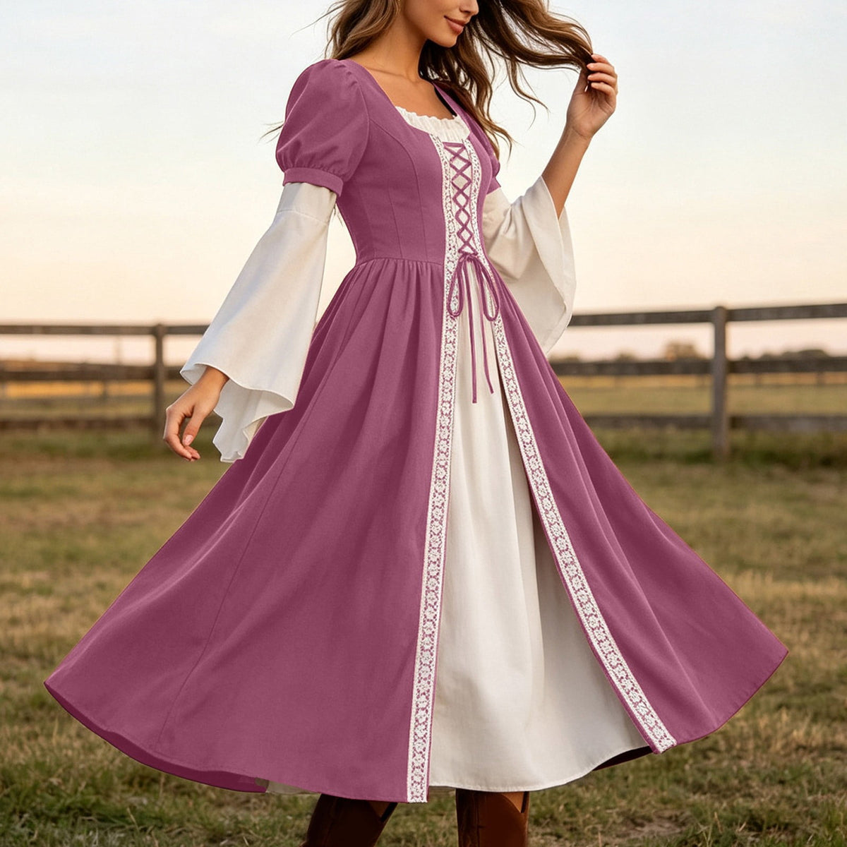Hurxie Renaissance Costume Women Peasant Medieval Dress Maxi Fairy Dresses with Bell Sleeve Vintage Ren Faire Outfit