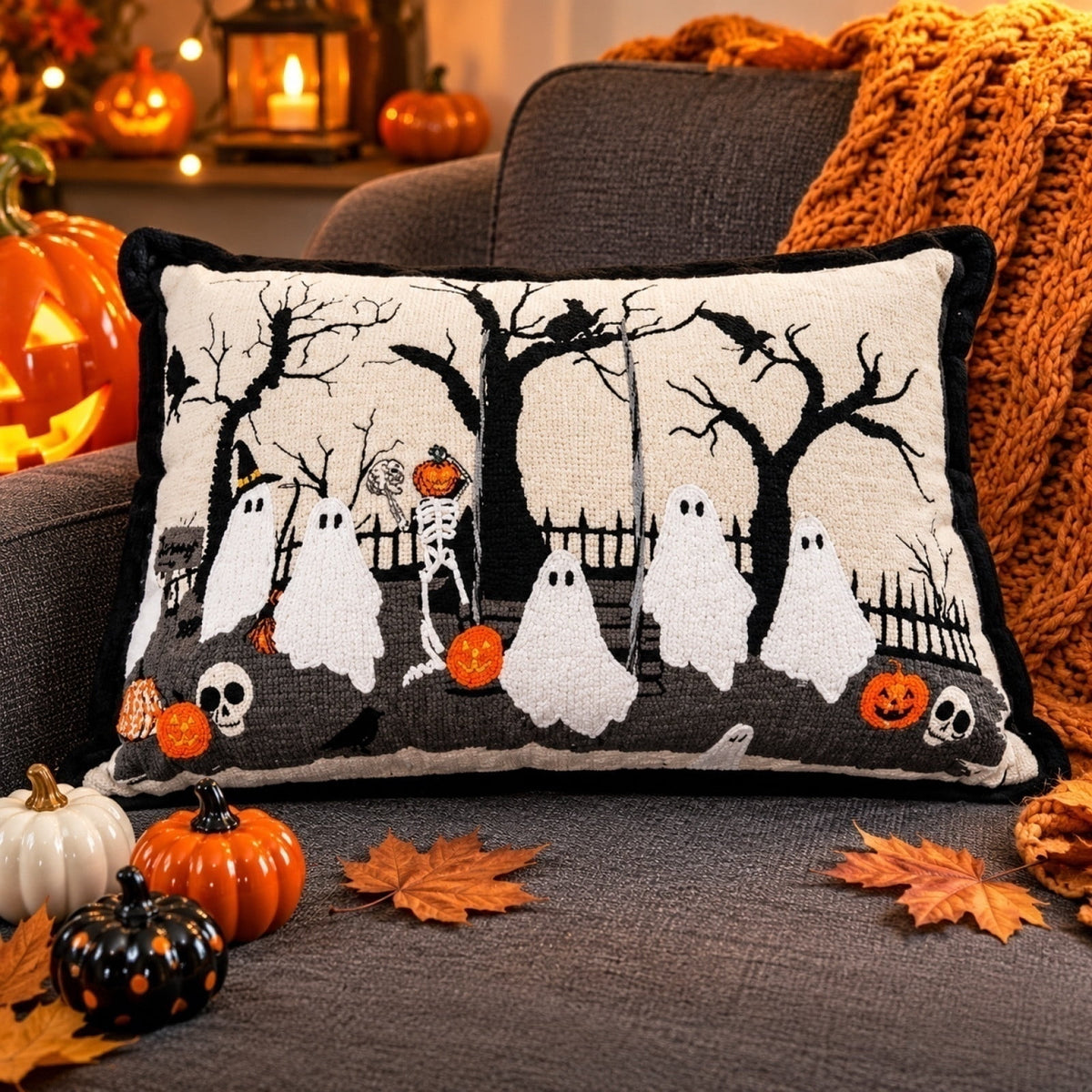 Halloween Ghost Reading Book Throw Pillow Cover, Spooky Library Bookshelf Skull Candlestick Decorative Pillowcase, Retro Halloween Cushion Cover