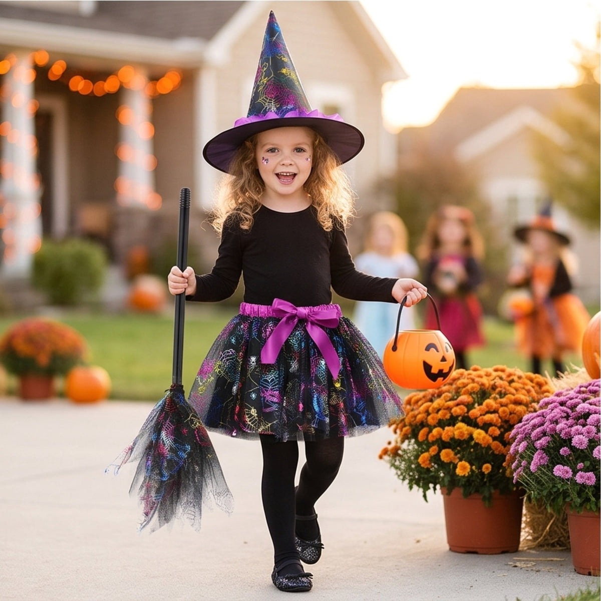 choiix Witch Tutu Skirt and Hat Set with Broomstick Halloween Costume Outfit with Printed Tulle Skirt and Witch Hat Cosplay Outfit for Party 100